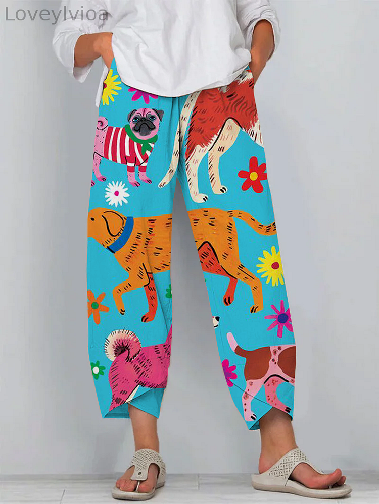 Cute and Fun Cartoon Puppy Print Cropped Casual Pants