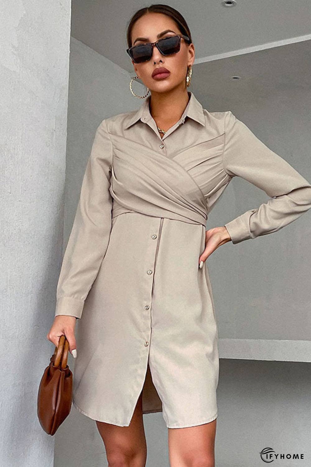 Crisscross Tie-Back Curved Hem Shirt Dress | IFYHOME