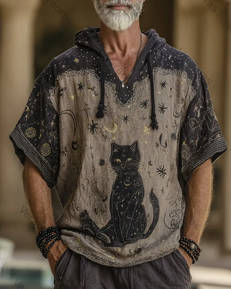 Men's Summer Fashion Star and Moon Embroidery Color blocking Linen short-sleeved shirt 4920
