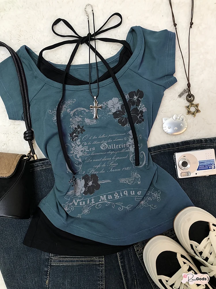 Y2K Spicy Off-Shoulder Top: Eye-catching off-shoulder design with Y2K elements and chic necklace detail. The print pairs perfectly with denim for a retro streetwear look, ideal for creating a trendy style