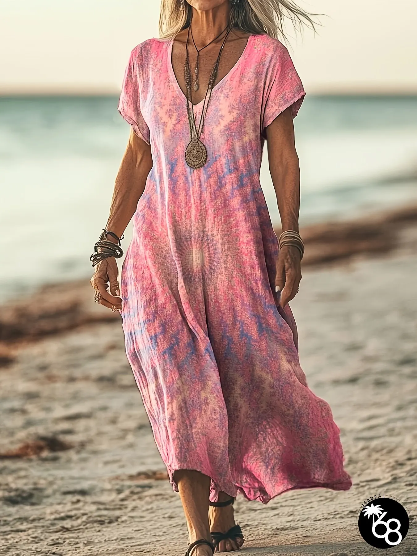 Lightweight Breathable Womens Plus Size Tropical Print V-Neck Dress Machine Washable | 168DEAL