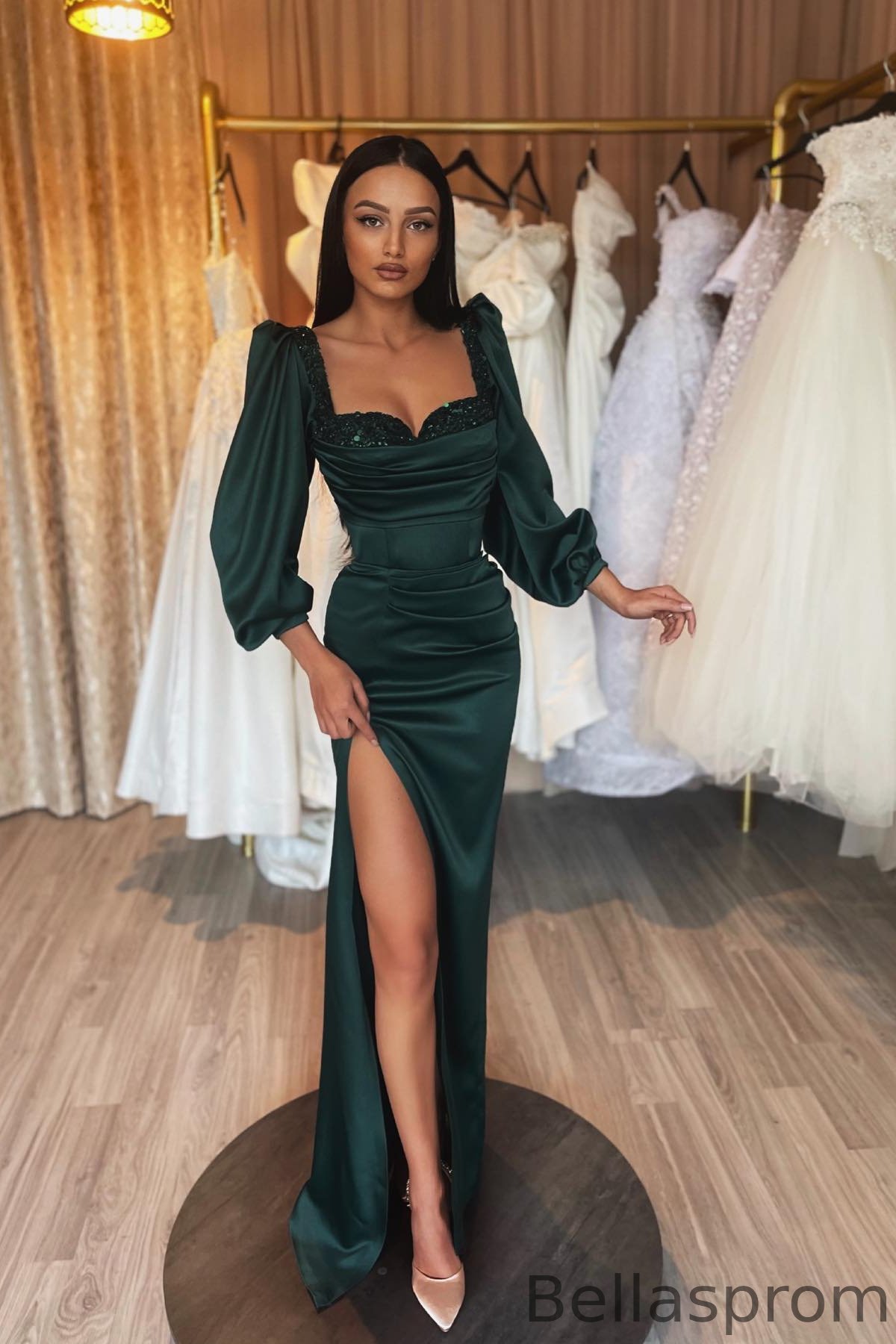 Bellasprom Dark Green Sweetheart Long Sleeves Mermaid Prom Dress Sequins With Split Bellasprom