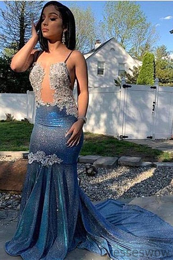 Dresseswow Blue Spaghetti-Straps Mermaid Prom Dress Long Sequins Evening Gowns