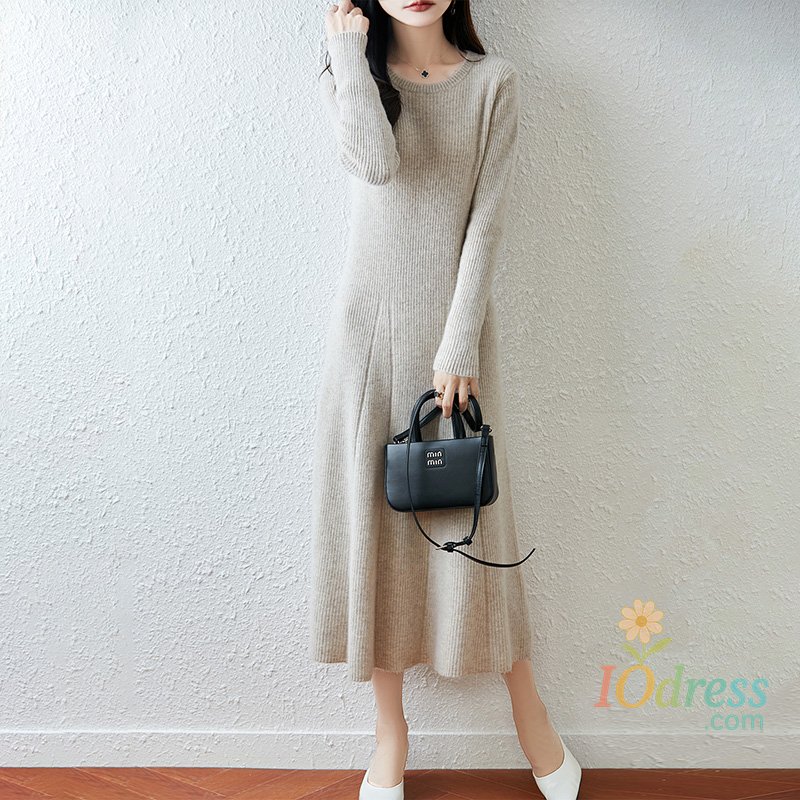 IO Dress Autumn Winter 100% Wool Thicken Sweater Long Dress Warm Basic Knit Pullover Women Slim Dress Solid Color Casual Dresses