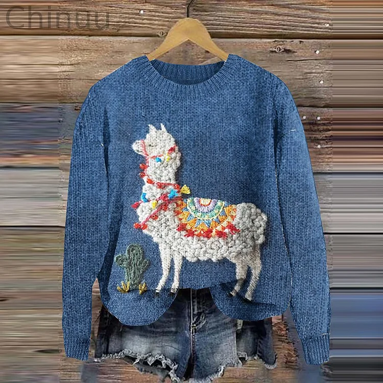 Alpaca Print Knitted Pullover Sweater