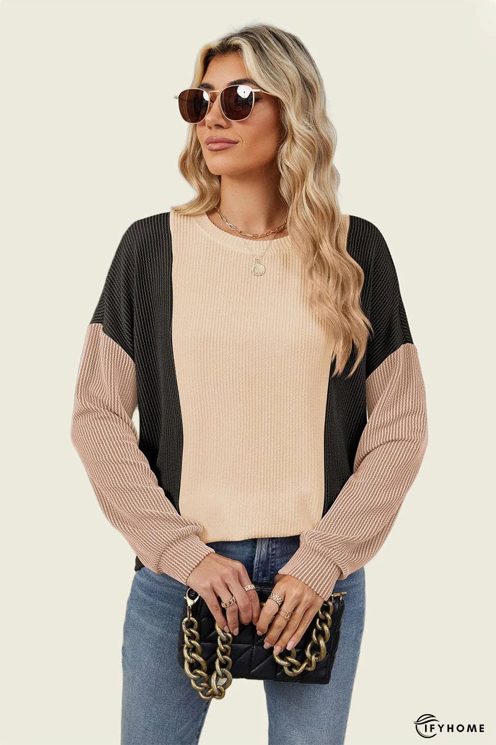 Double Take Texture Contrast Round Neck Long Sleeve T-Shirt | IFYHOME