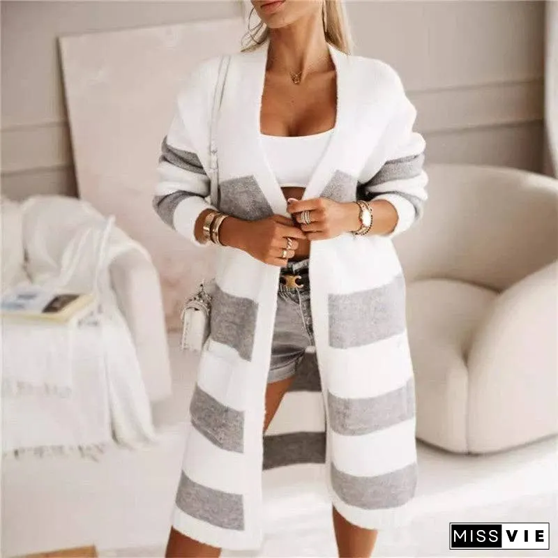 Loose-Fitting Color Block Long Knit Cardigan Sweater