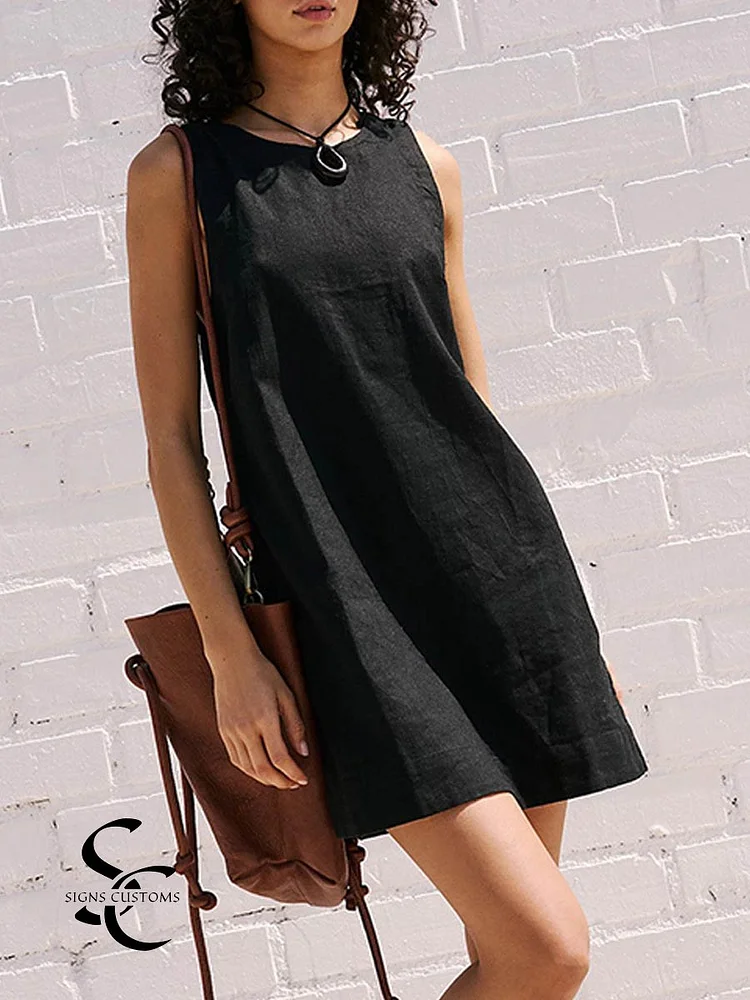 Women's Solid Color Loose Stylish Casual Sleeveless Cotton Dress