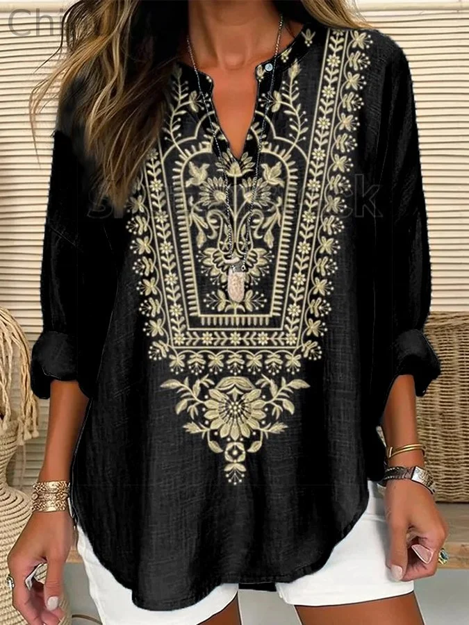 Classic Ethnic Floral  Pattern Women's V-Neck Shirt