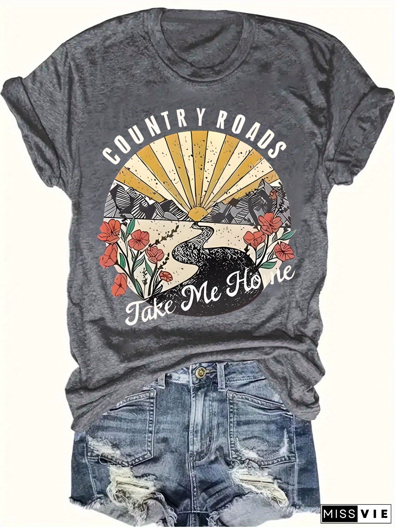 Women's Vibrant Red Graphic Print T-Shirt - Country Roads Take Me Home Design With Sun Rays, Birds & Floral Motifs, Short Sleeve Crew Neck Casual Top, Machine Washable Regular Fit For Summer & Spring, Everyday Comfort, Sunburst Design, Comfortable Tee