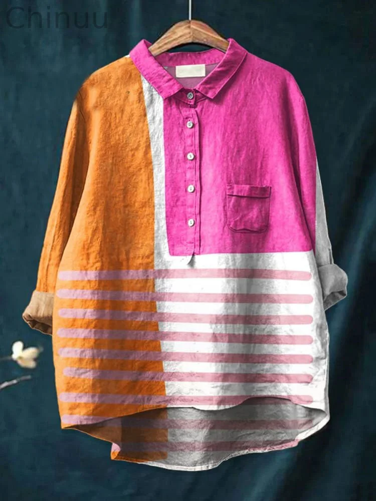 Women's Abstract Geometric  Art  Print Casual Cotton And Linen Shirt