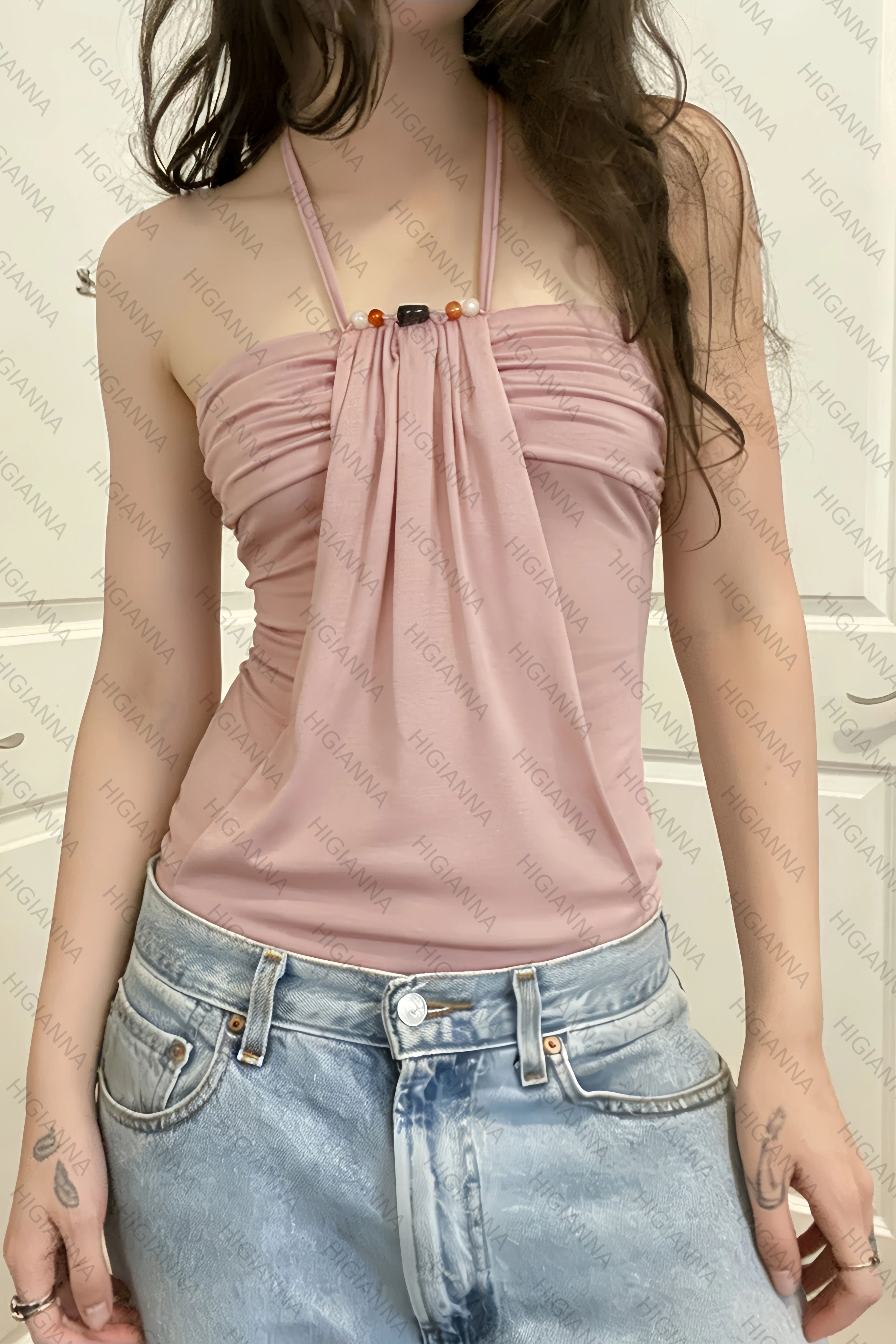 Bead Embellished Dusty Pink Halter Top - HIGIANNA&reg;