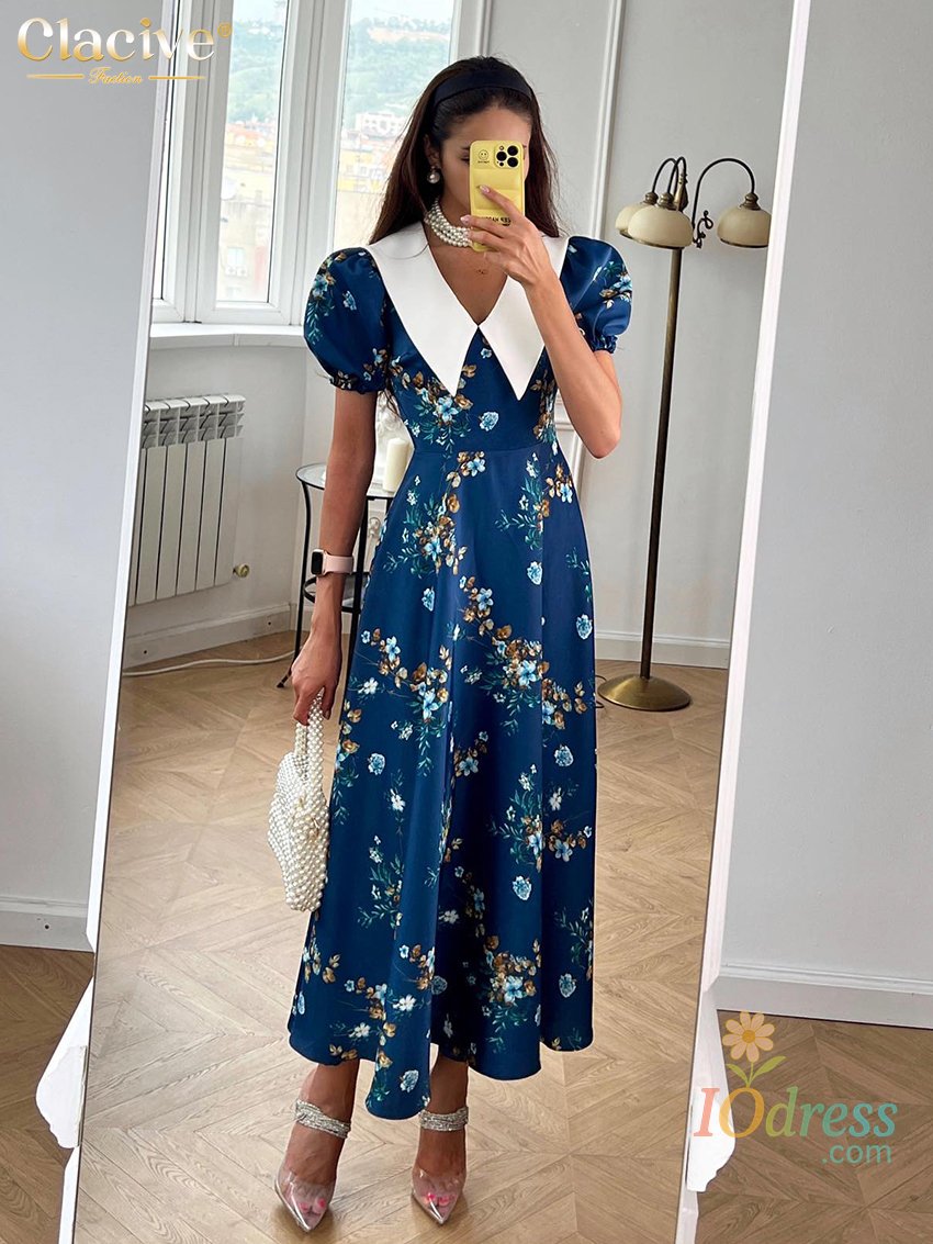 IO Dress Clacive Fashion Slim Print Women's Dress Summer Lapel Short Sleeve Ankle Length Dresses Elegant Classic High Waist Female Dress