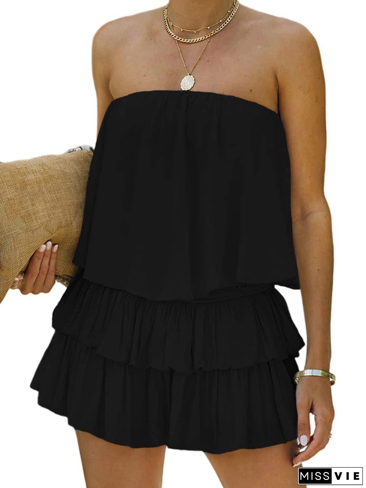 Women&lsquo;s Off-the-Shoulder Flowy Romper, Strapless Smocked Jumpsuit/ Playsuit Dress
