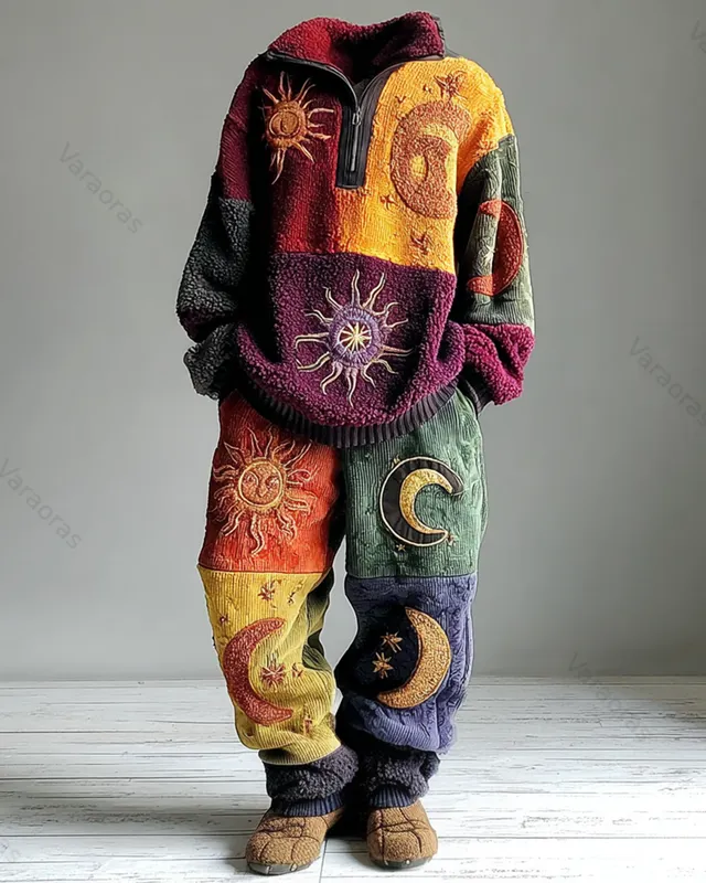 Star and moon themed embroidery 1/4 zipper stand collar wool thick sweater and sweatpants b2d1