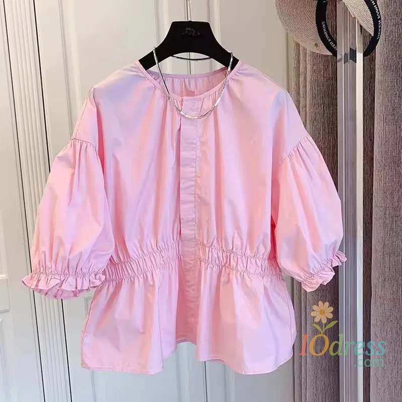 IO Dress Korean Pleated Bubble Sleeve Shirt Women's Loose Doll Top 2025 New Round Neck Short Sleeve Blouse Commute Pure Coat IO Dress