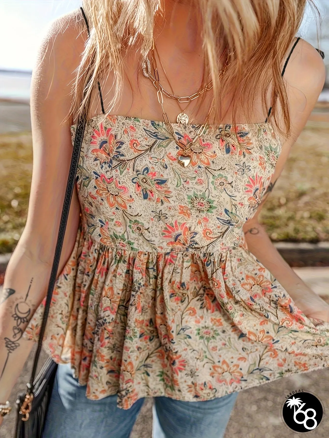 Lightweight Summer Floral Print Ruffled Sleeveless Camisole Top Womens Apricot Orange | 168DEAL