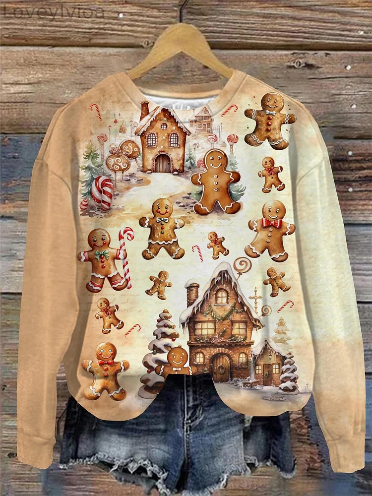 Christmas Cookie Print Women's Round Neck Long Sleeve Top