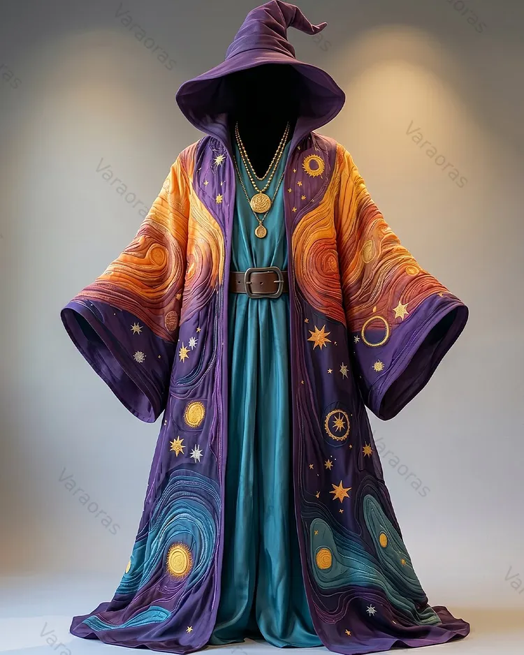 Men's Summer Fashion Star and Moon Embroidered Linen Hooded Cape 3668
