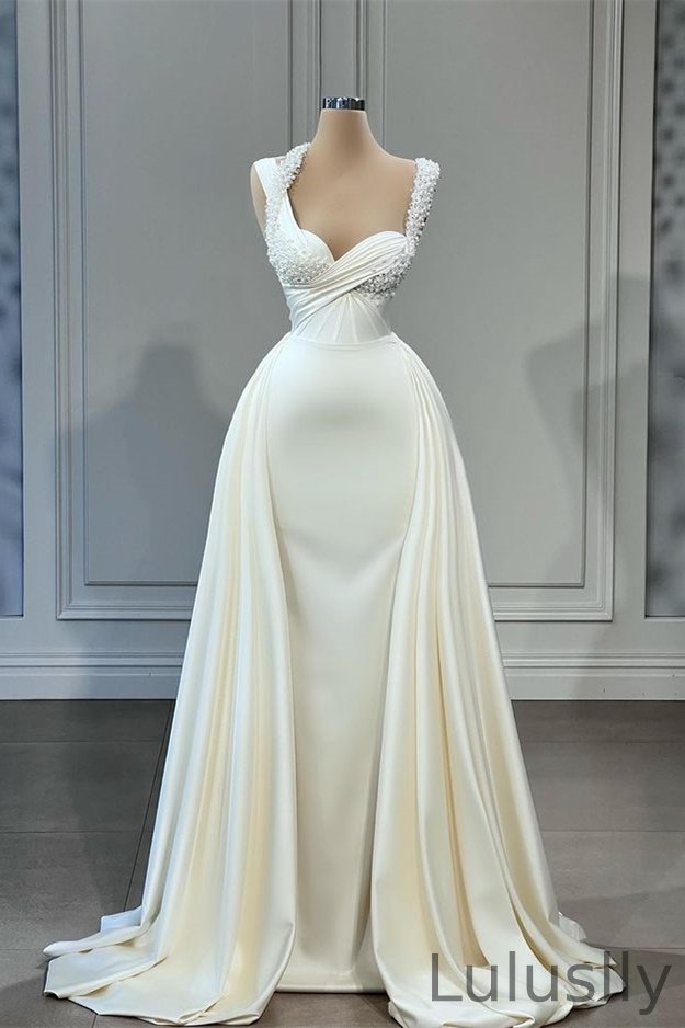 Luluslly Straps Sweetheart Sleeveless Mermaid Wedding Dress WIth Pearls Overskirt