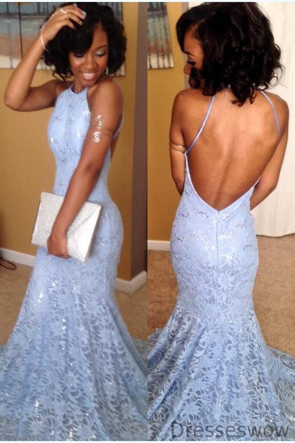 Dresseswow Sky Blue Lace Backless Prom Dress Mermaid Long Sleeveless
