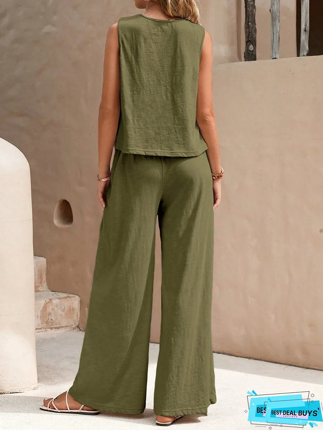 Women's Sleeveless Textured Vest Wide-leg Button- Pants Set