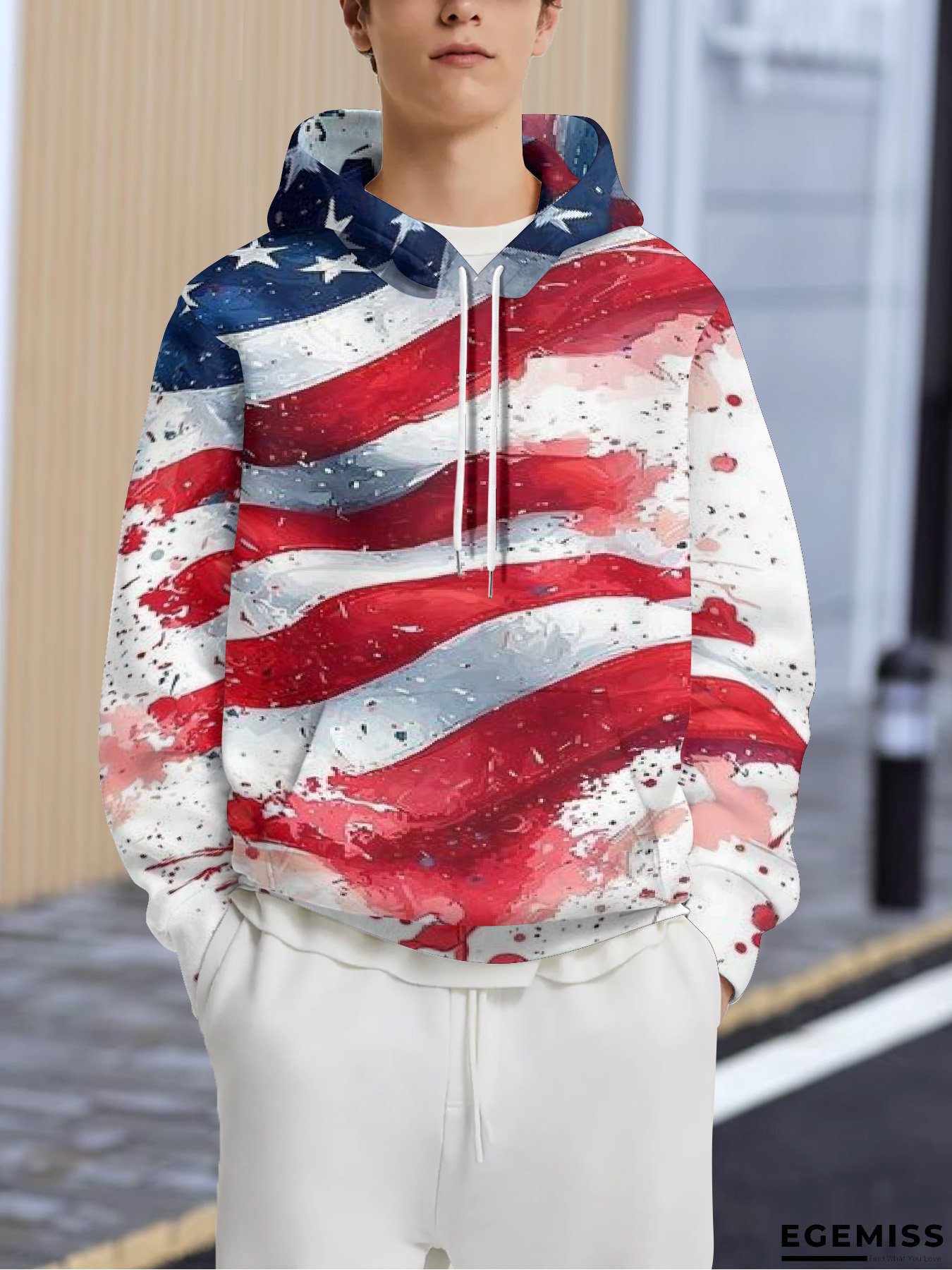 Men's Patriotic American Flag Hoodie - Loose Fit Long Sleeve Sweatshirt in Red, White & Blue | Fourth of July, Independence Day Outfits | Machine Washable French Terry Pullover, American Flag Clothes, Casual Leisurewear, Drawstring Hood Design | EGEMISS