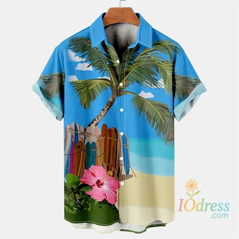 IO Menswear Tropical Palm 3d Print Hawaiian Shirt For Men Summer Beach Street Short Sleeves Tops Harajuku Holiday Lapel Button Loose Blouse