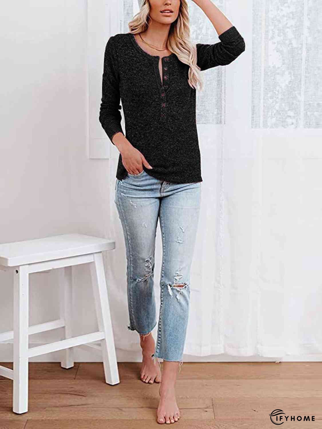 Round Neck Buttoned Long Sleeve T-Shirt | IFYHOME