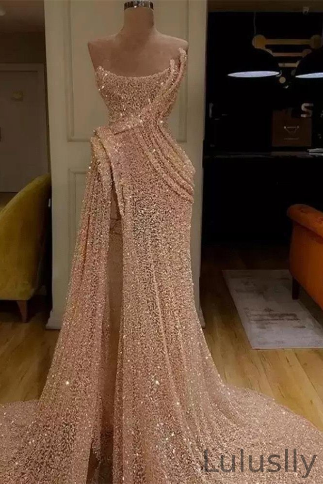 Luluslly Strapless Sequins Prom Dress Long Evening Party Gowns With Slit