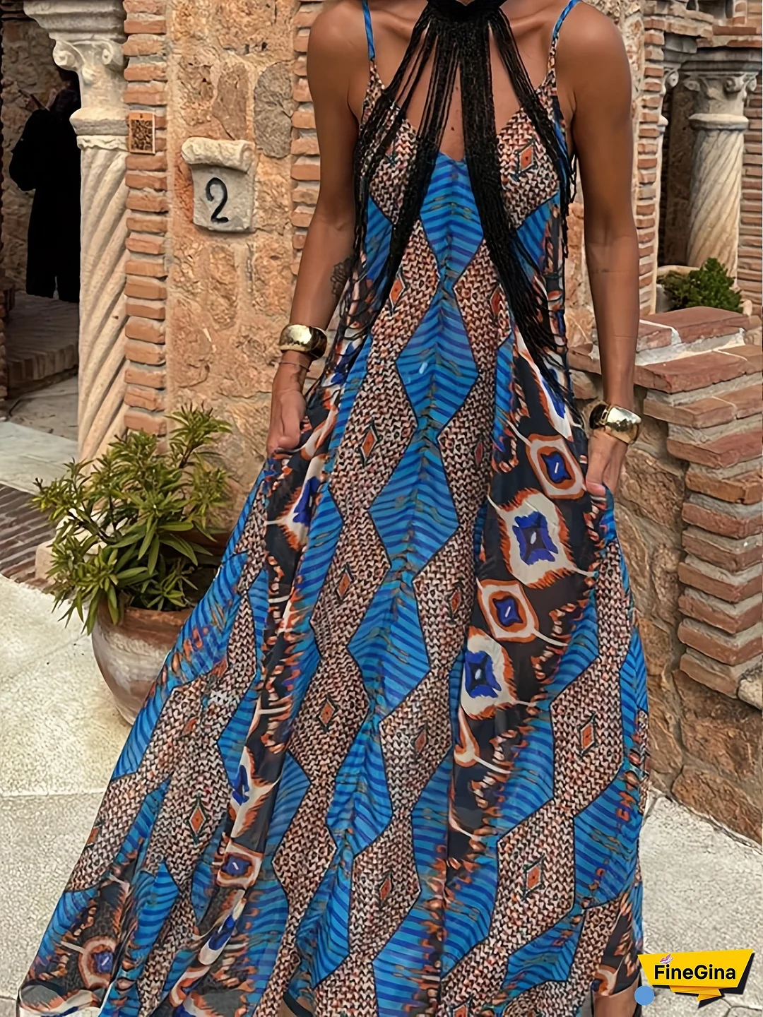 Women's Summer Halter Neck Dress - Color Block Geometric Print, Flowy Midi Length With Wide Swing Skirt, Machine Washable Lightweight Elegant Casual To Dressy Outfit, Vacation Attire, Breathable Fabric, Trendy Ladies, Soft Material, Adult Clothing