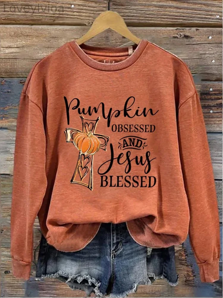 Women'S Pumpkin Obsessed And Jesus Blessed Print Long Sleeve Sweatshirt