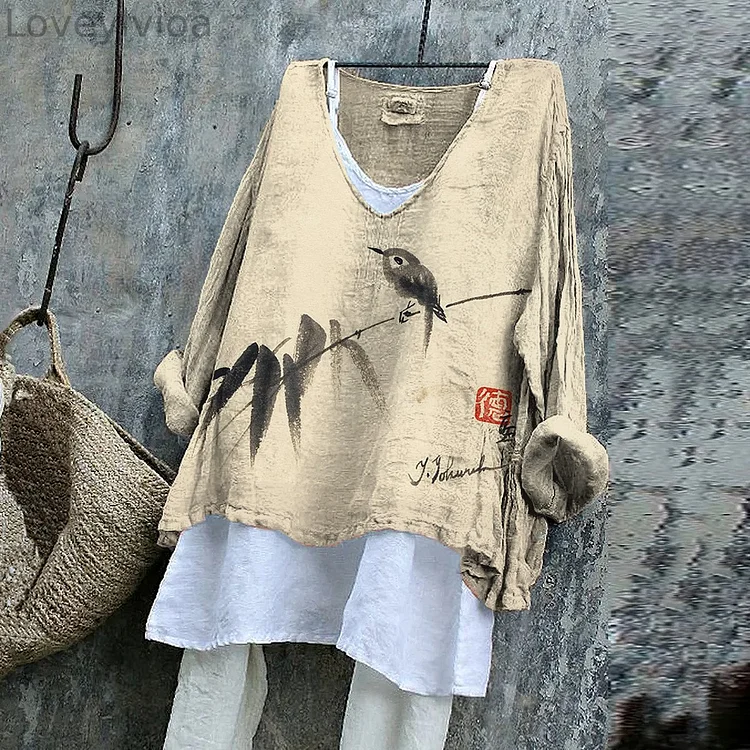 Vintage Birds Bamboo Ink Style Art Cotton Linen V Neck Casual Shirt