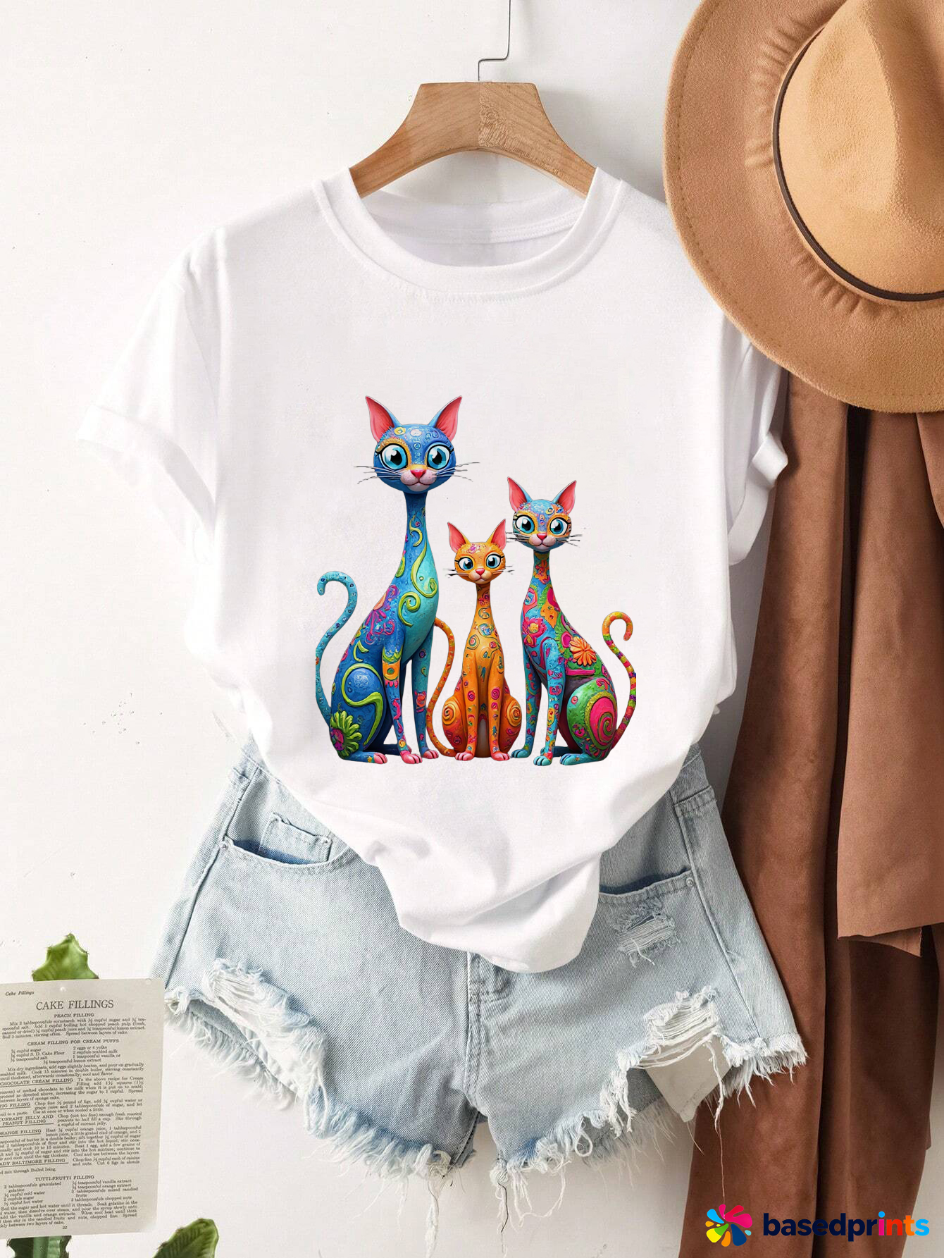 Colorful Cat Print T-Shirt Women Summer Casual Short Sleeve Tops