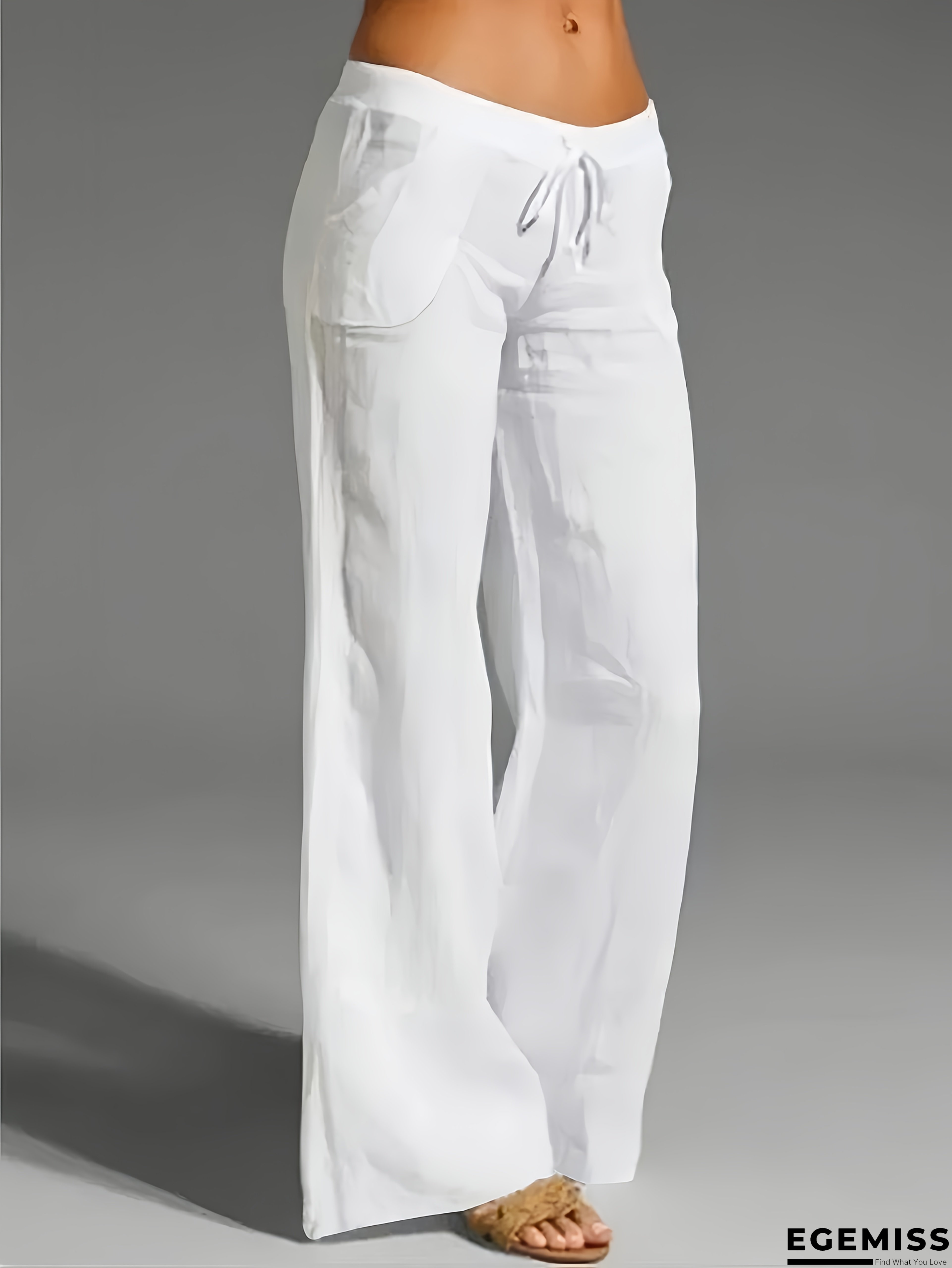 Women&lsquo;s Elegant French-Inspired Solid Color Wide-Leg Pants with Drawstring Waist & Pockets - Casual Elastic Waist Long Pants for Spring Summer Fall, Versatile for Casual Attire & Festive Occasions, Seasonal Fashion, Sleek Fabric Finish | EGEMISS