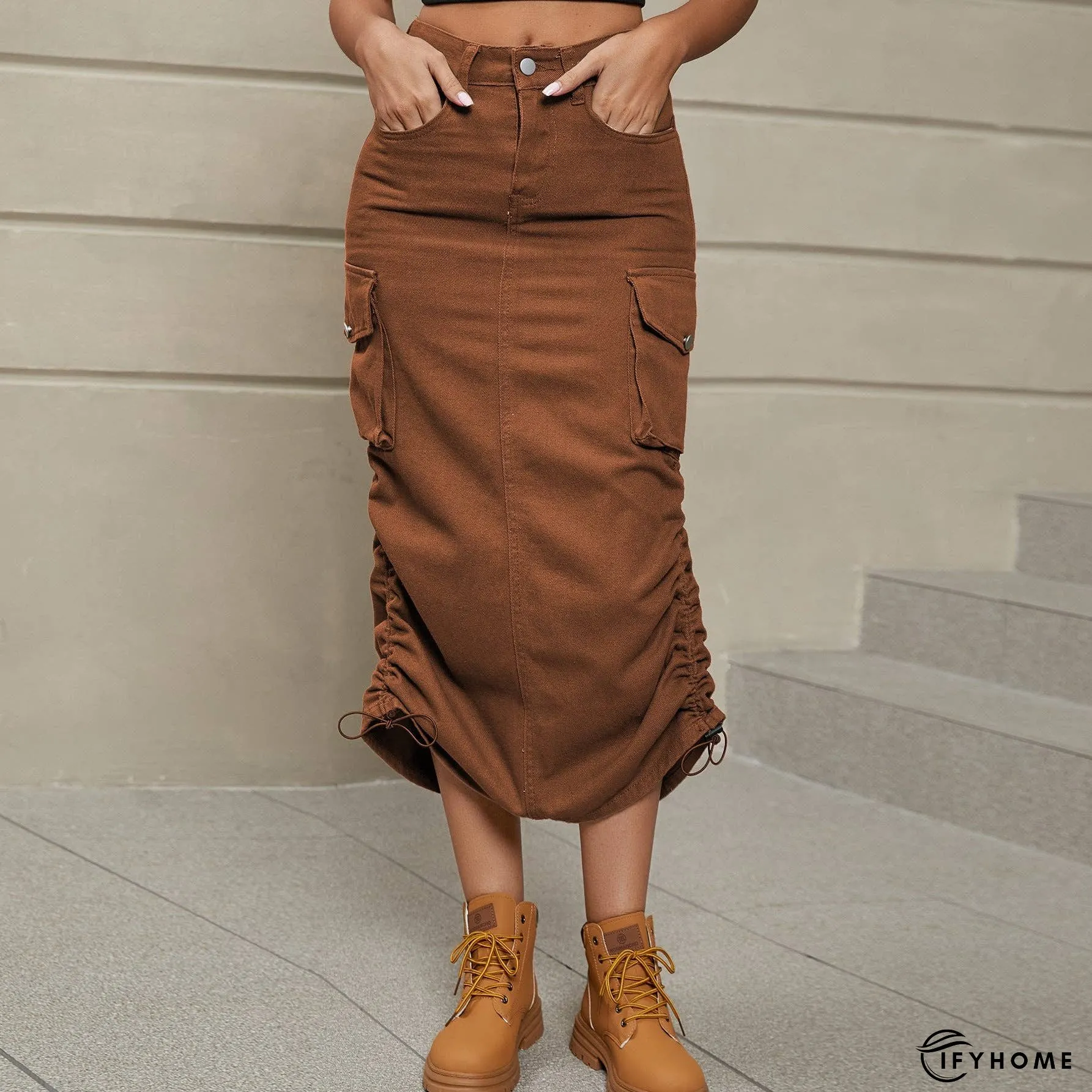 Drawstring Ruched Slit Denim Midi Skirt | IFYHOME