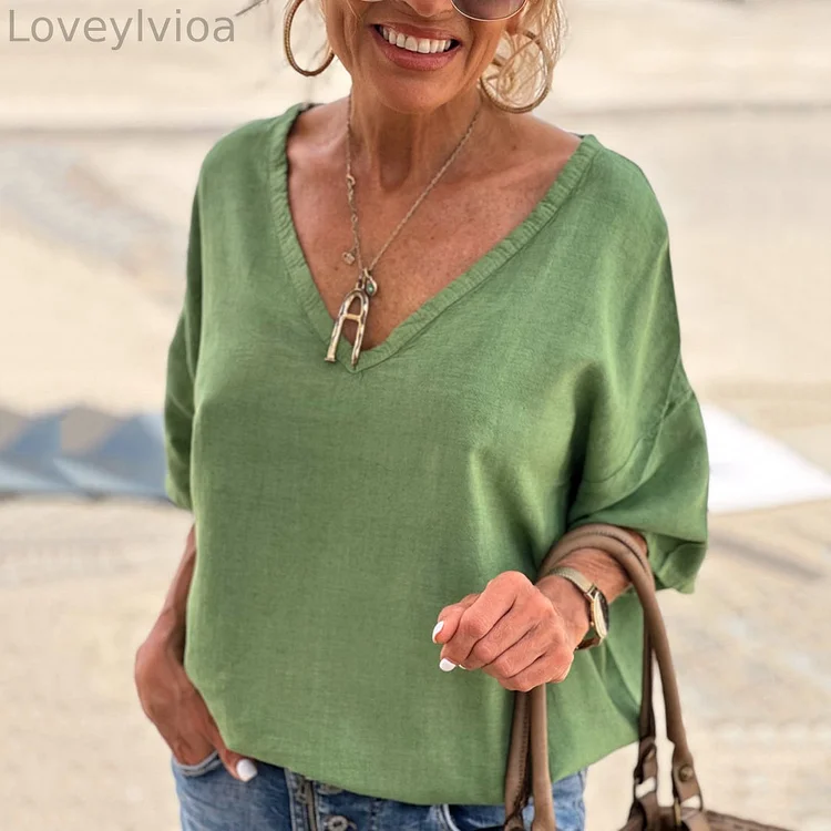 Solid Color Cotton And Linen V-Neck Loose T-Shirt