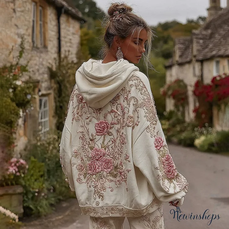 Women's Rose Floral Embroidered Casual Hoodie