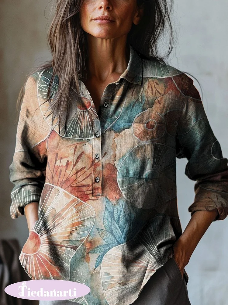 Women's Vintage Botanical Color Art Print Casual Cotton And Linen Shirt