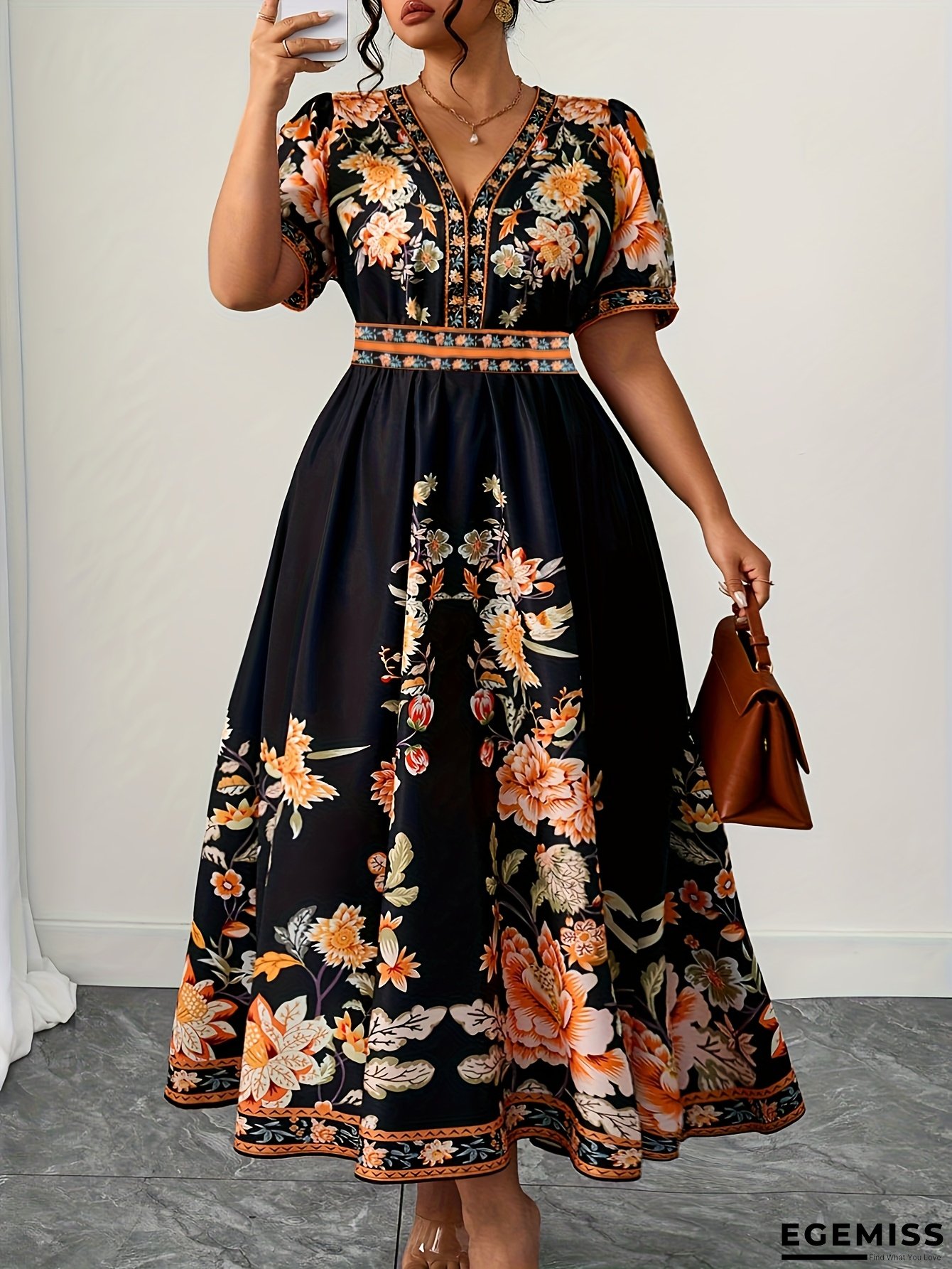 Plus Size, Women's Floral Maxi Dress - Elegant V-Neck With Flared Hips, Orange/Black/ Floral Print - Plus Size Friendly For Parties, Weddings, Everyday Outfits - Machine Washable Spring/Summer Dress, Wedding Guest Outfit, Feminine Silhouette | EGEMISS