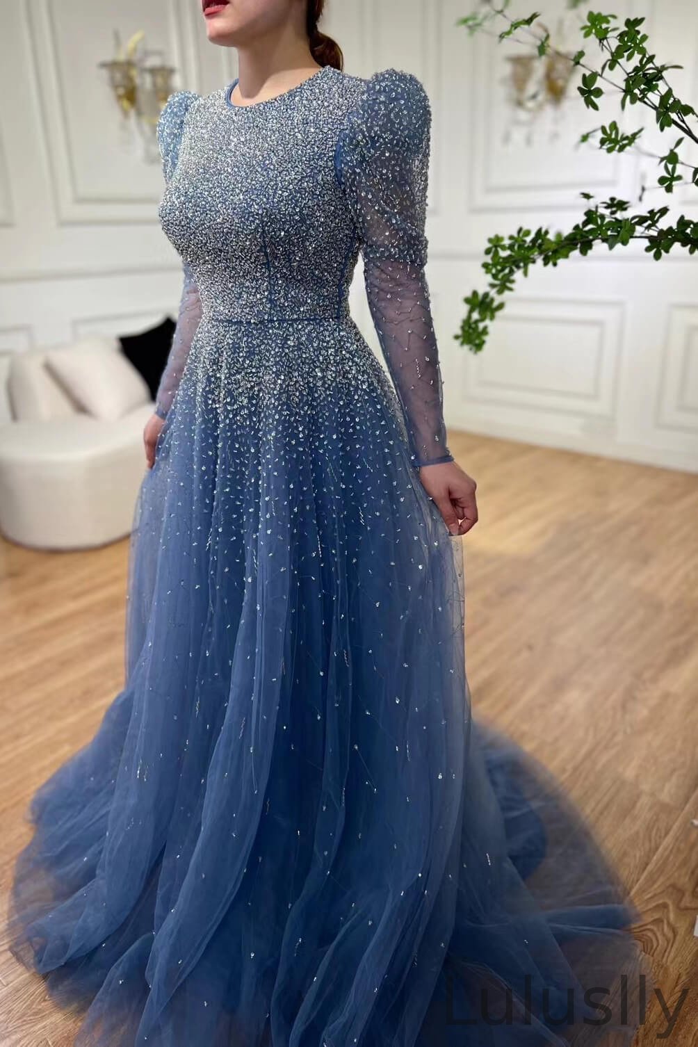 Luluslly Blue Scoop Bubble Mermaid Evening Dress With Beads Long Sleeves