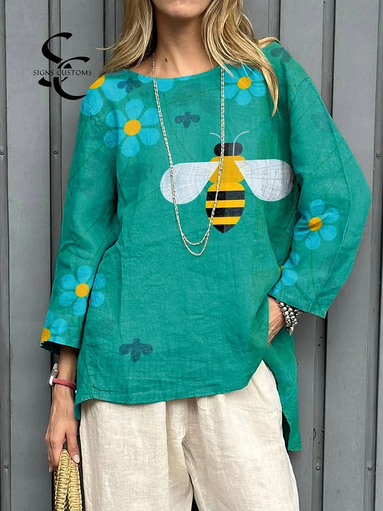 Women's Vintage Bee Floral Art Print Casual  Cotton And Linen  Shirt