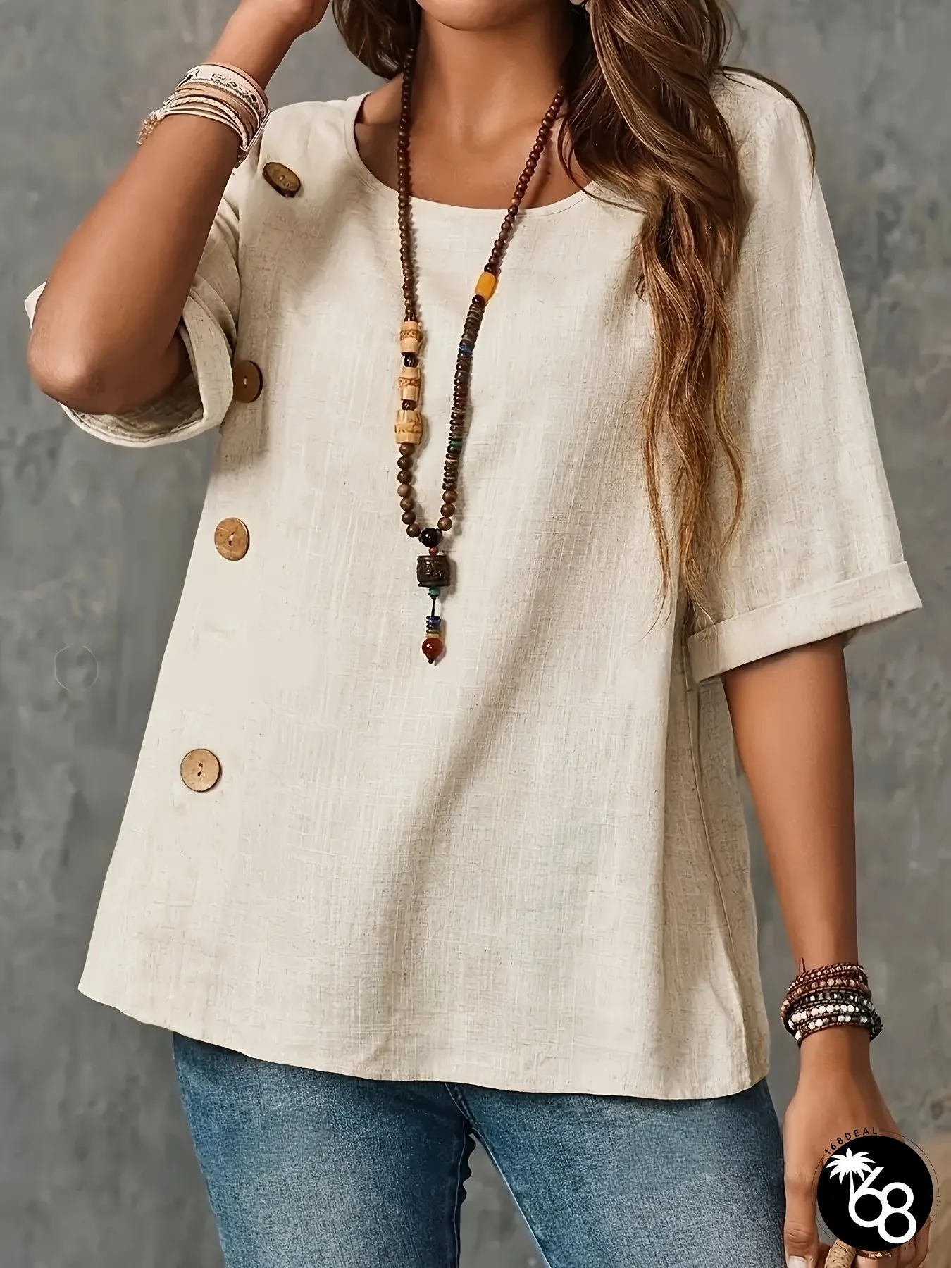 Womens Plus Size Elegant Solid Color Button-Front Blouse Lightweight Non-Stretch | 168DEAL