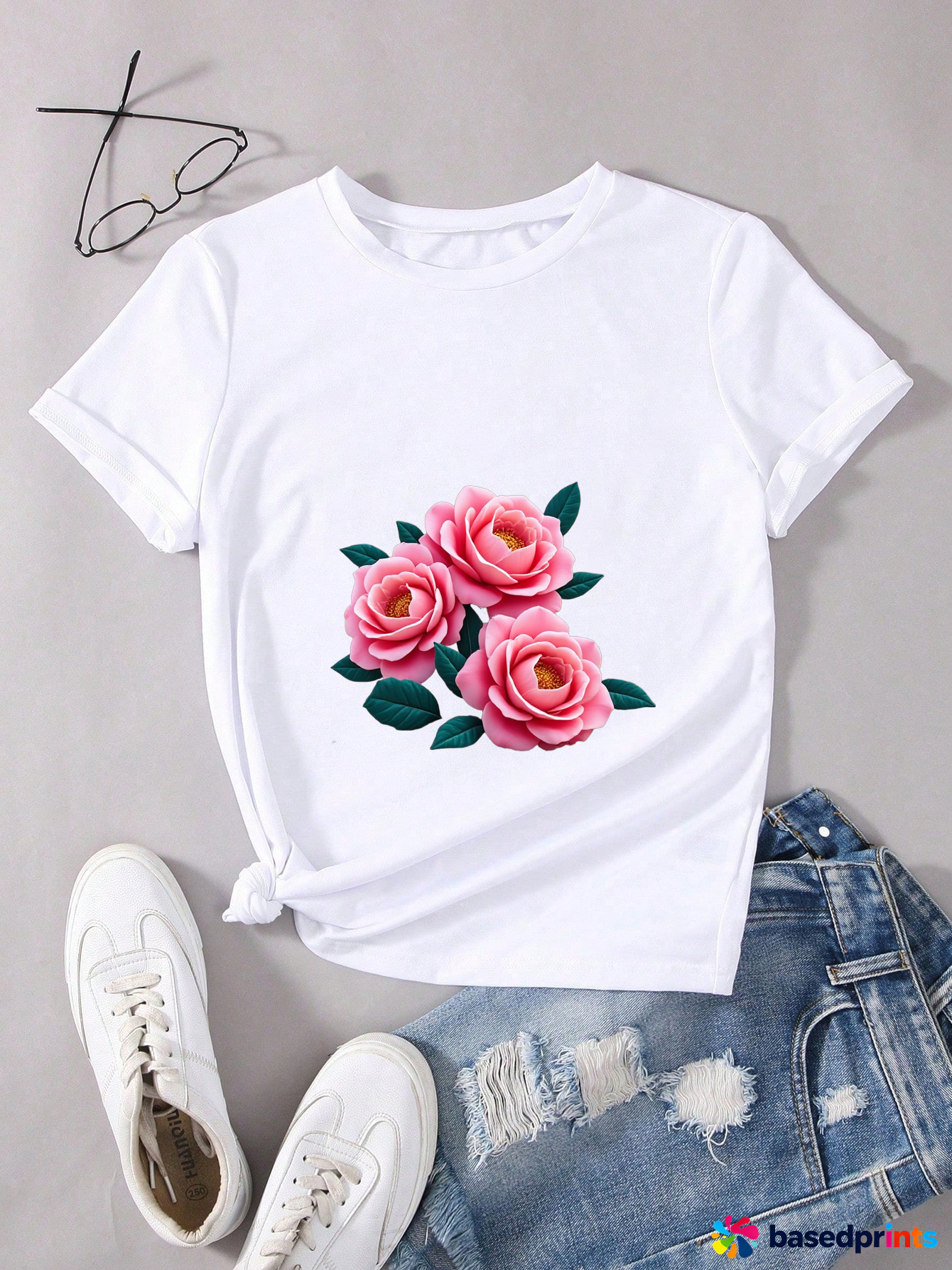 White Floral T-Shirt Women Summer Short Sleeve Casual Tops