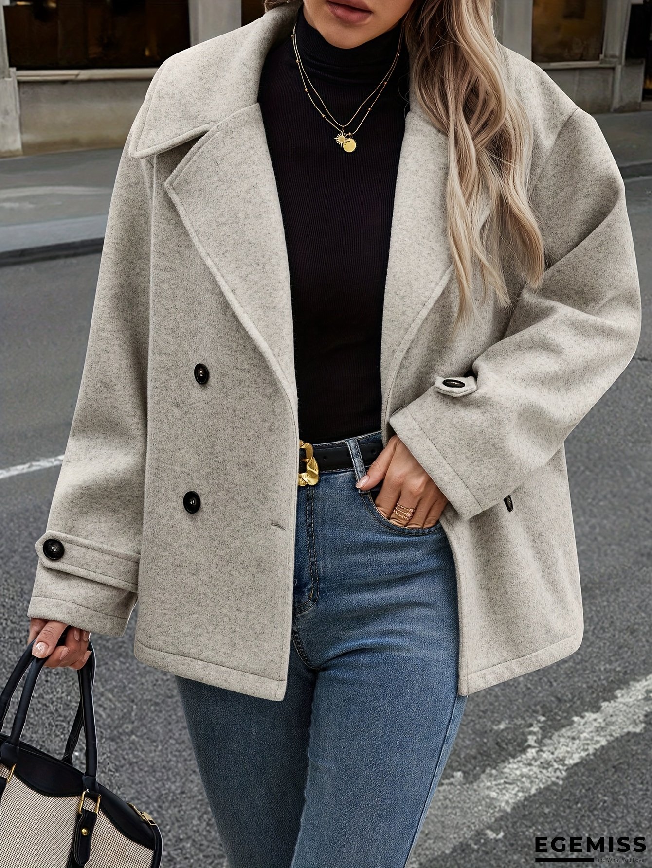 Women's Light Gray Double-Breasted Notch Lapel Coat - Loose Fit Long Sleeve Winter Coat with Button Front, Versatile Casual & Formal Outerwear for All Seasons, Elegant Solid Color Design, Winter Coats, Allseason Apparel, Classic Notch Lapel | EGEMISS