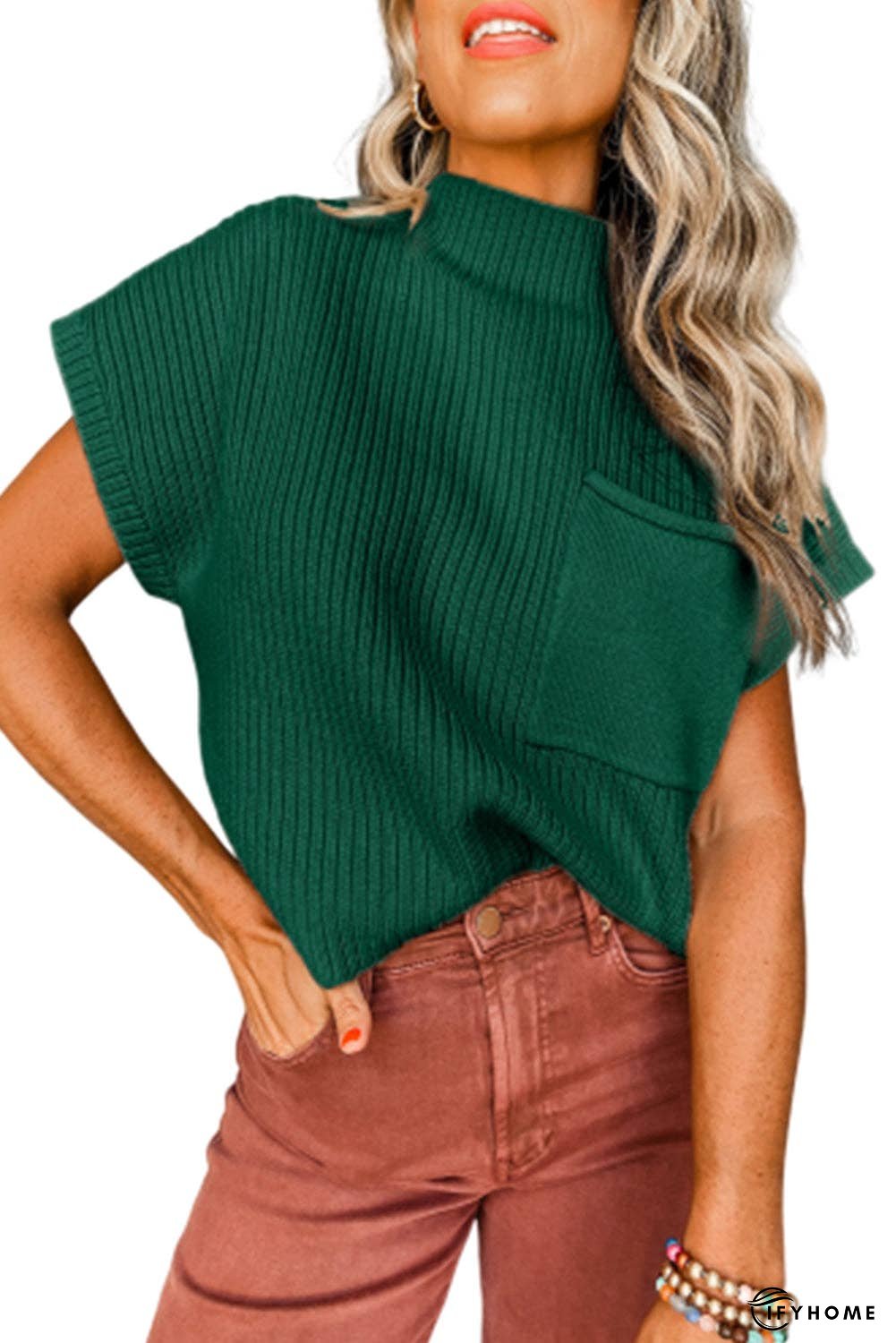 Oatmeal Patch Pocket Ribbed Knit Short Sleeve Sweater | IFYHOME