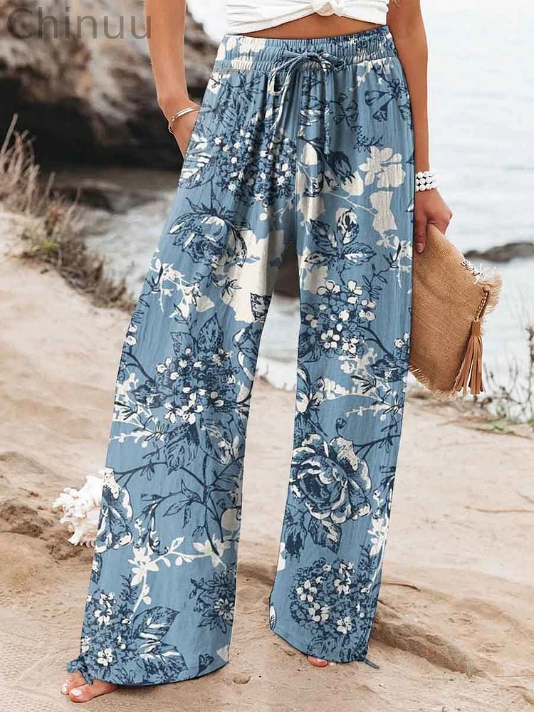 Women's Blue Elegant Illustration Floral Printed Cotton And Linen Casual Pants