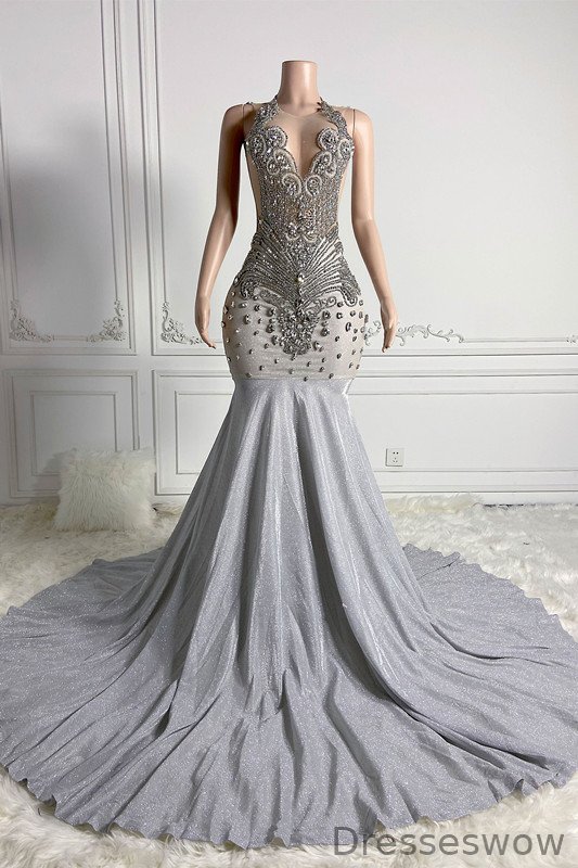 Dresseswow Silver Scoop Sleeveless Mermaid Formal Dresses Open Back With Beadings Crystals