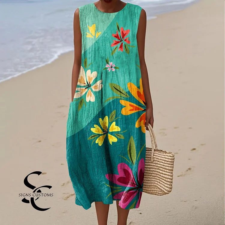 Women's Vintage Floral Art Print Sleeveless Cotton Pocket Wrap Dress