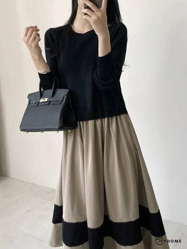 A-line Long Sleeves Pleated Split-Joint Round-neck Midi Dresses Sweater Dresses | IFYHOME